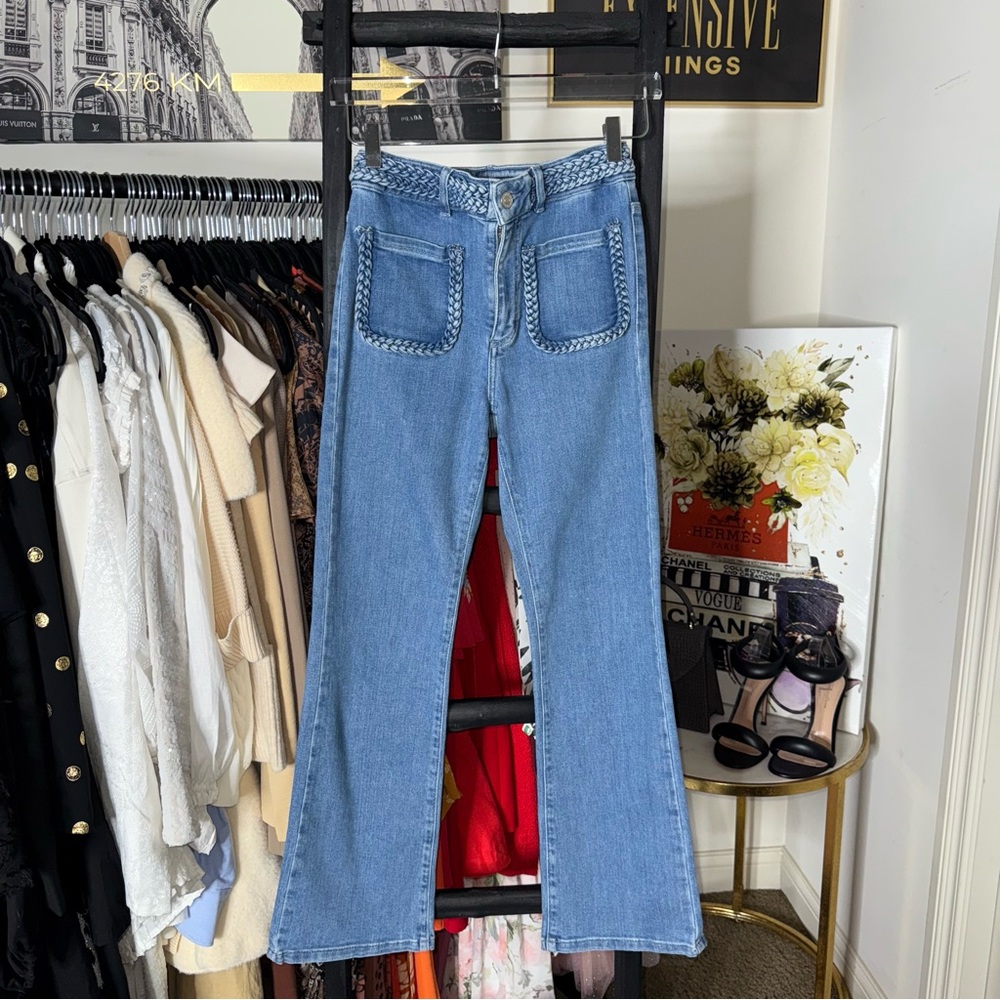 Maje Braided High Rise Bootcut Jeans Light Wash Denim Womens 36 4 EUC $325 - Picture 3 of 14